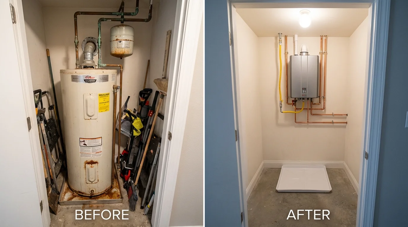 Tank water heater versus wall-mounted tankless unit comparison for Oakland, NE homeowners
