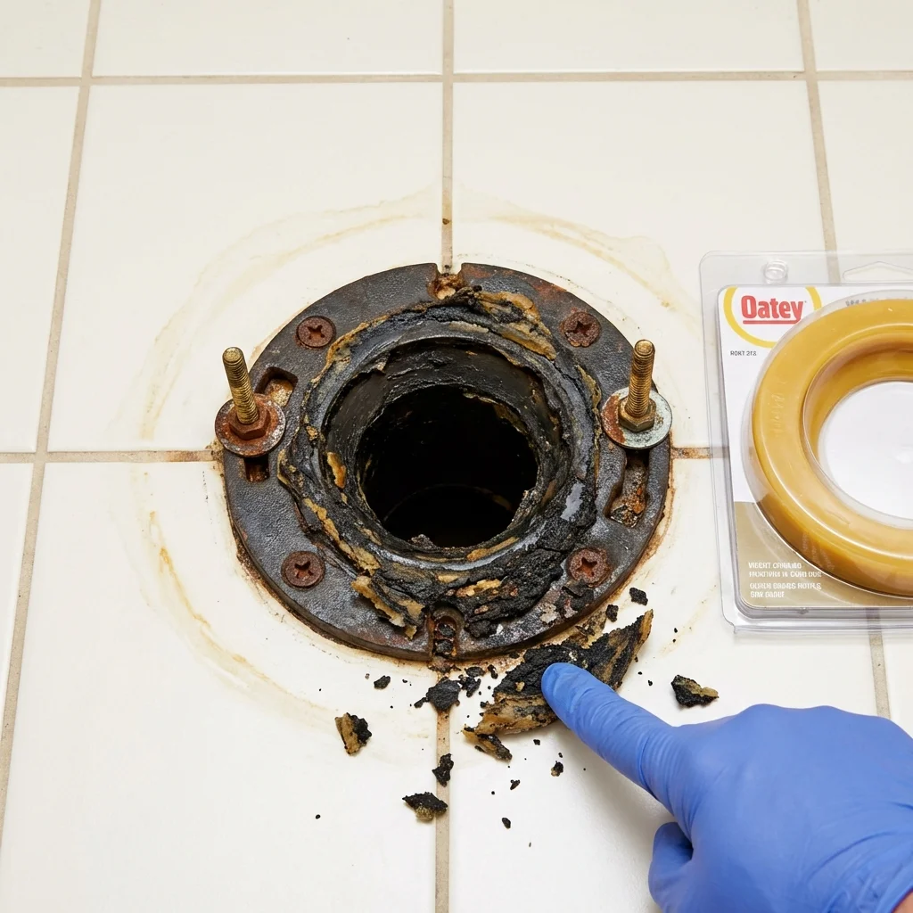 Failed wax ring showing water seepage at the base of a toilet in a Oakland, NE home